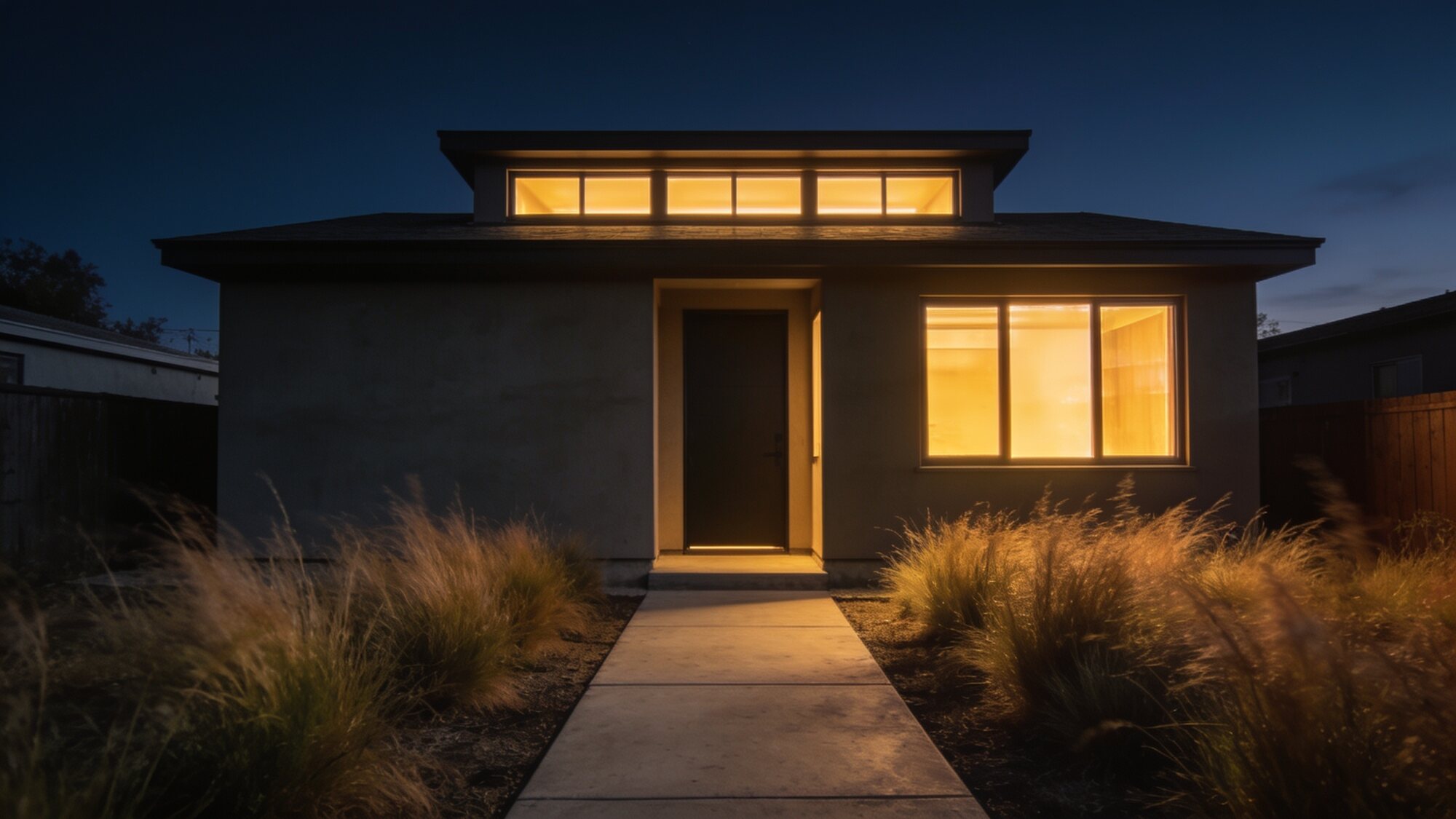 Detached ADU in a Sacramento backyard at twilight, concept rendering of a finished backyard home